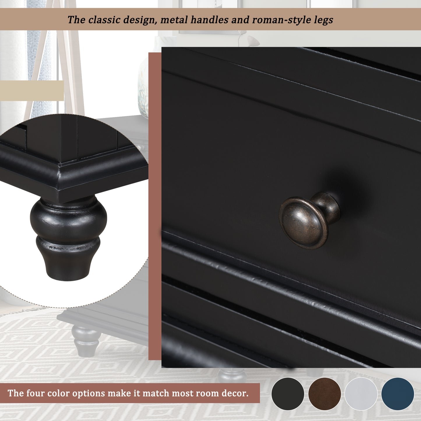 Black 3-Drawer Wood Dresser Cabinet End Table with Pull out Tray