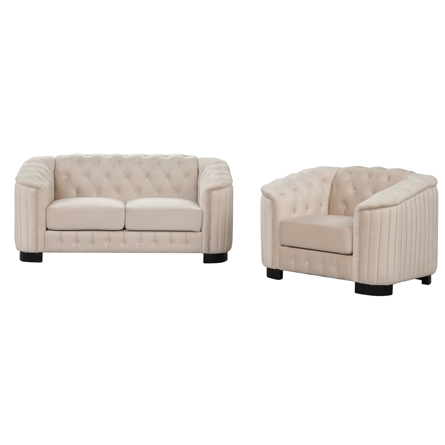 3-Piece Beige Premium Velvet Upholstered Sofa Set with Dark Wood Legs, Button Tufted, Luxury