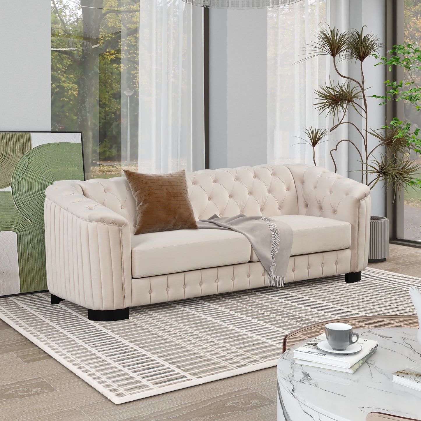 3-Piece Beige Premium Velvet Upholstered Sofa Set with Dark Wood Legs, Button Tufted, Luxury