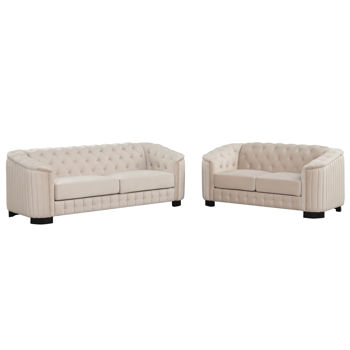 3-Piece Beige Premium Velvet Upholstered Sofa Set with Dark Wood Legs, Button Tufted, Luxury