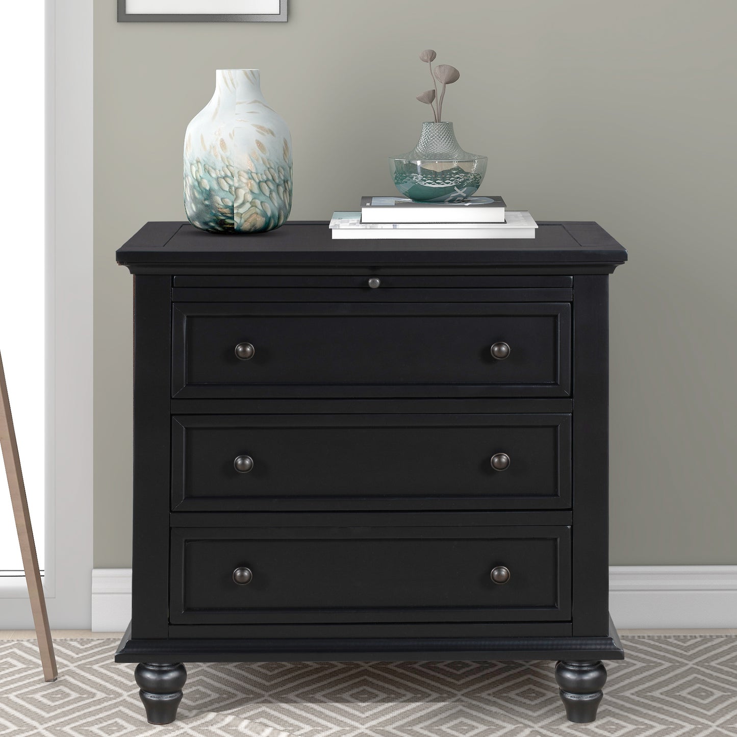 Black 3-Drawer Wood Dresser Cabinet End Table with Pull out Tray