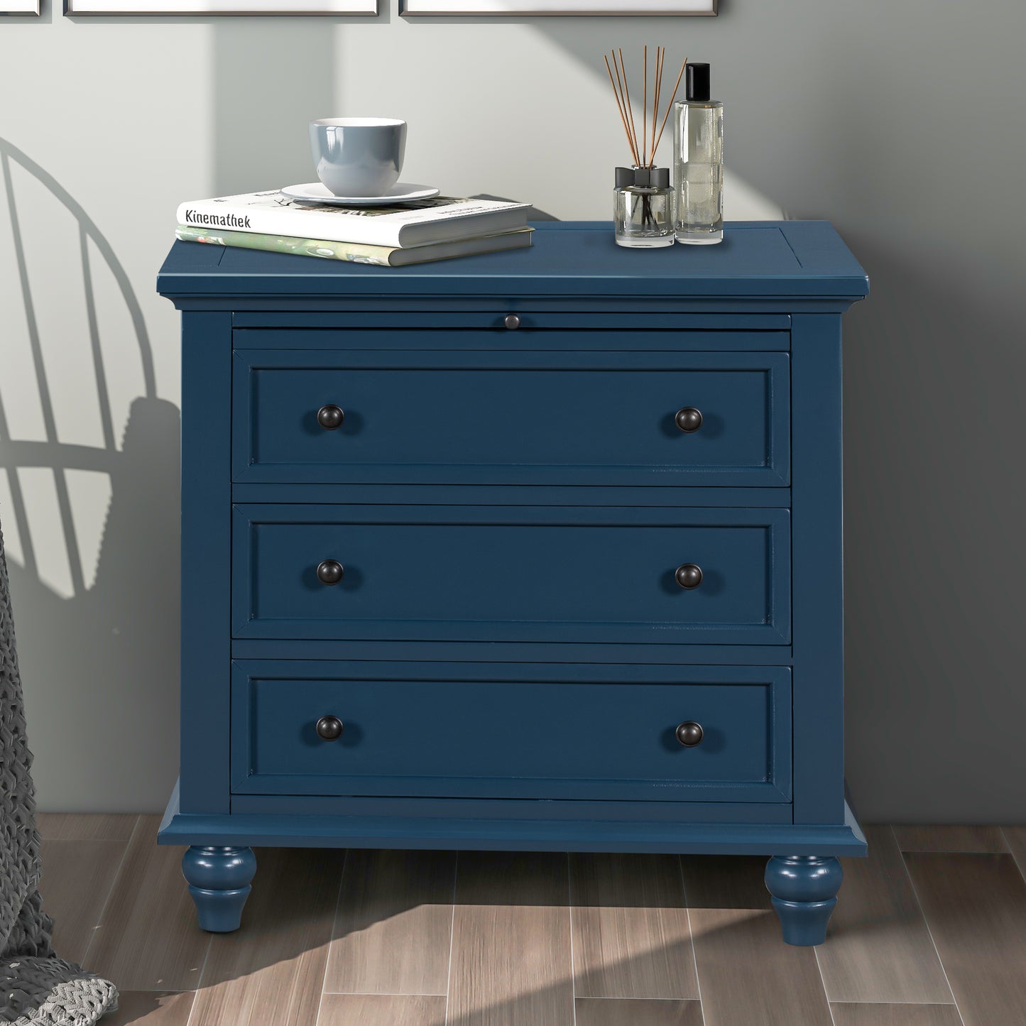 Blue 3-Drawer Storage Wood Cabinet, End Table Dresser with Pull out Tray