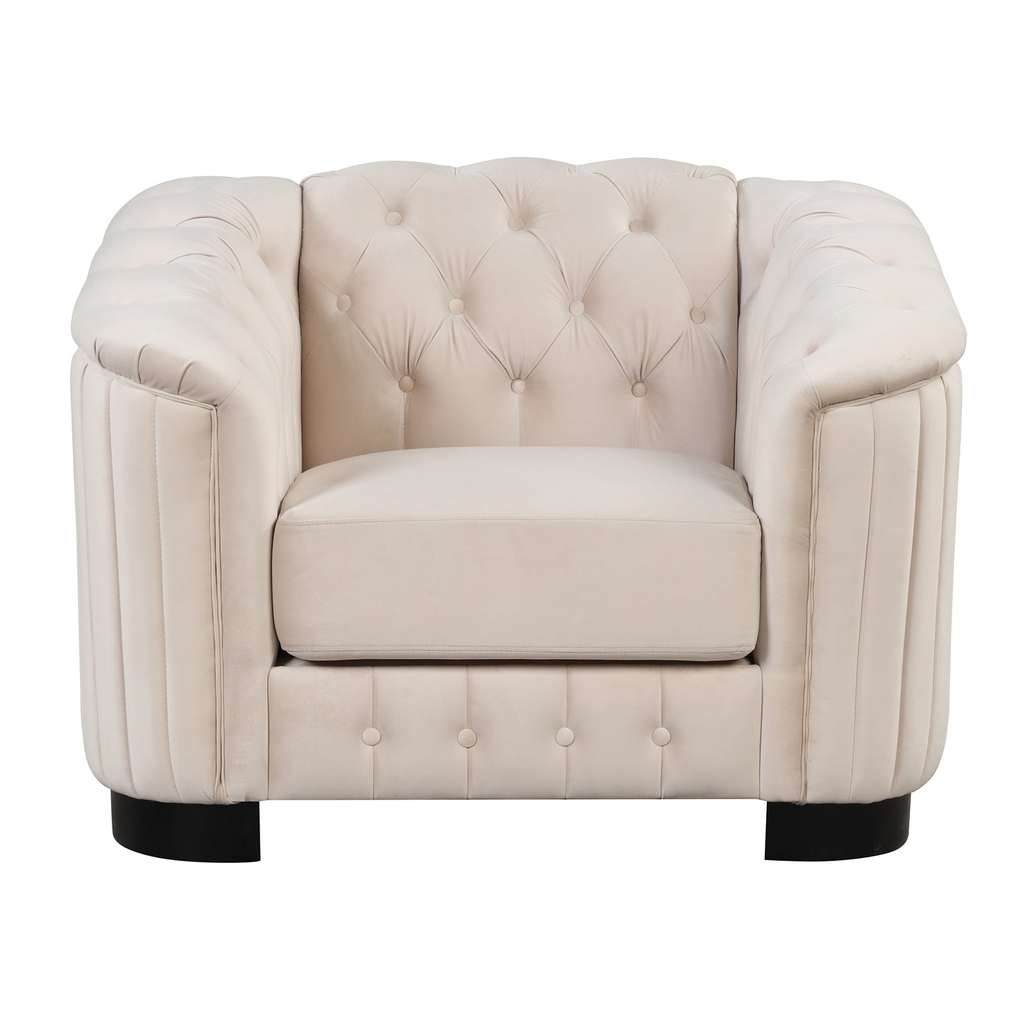 3-Piece Beige Premium Velvet Upholstered Sofa Set with Dark Wood Legs, Button Tufted, Luxury