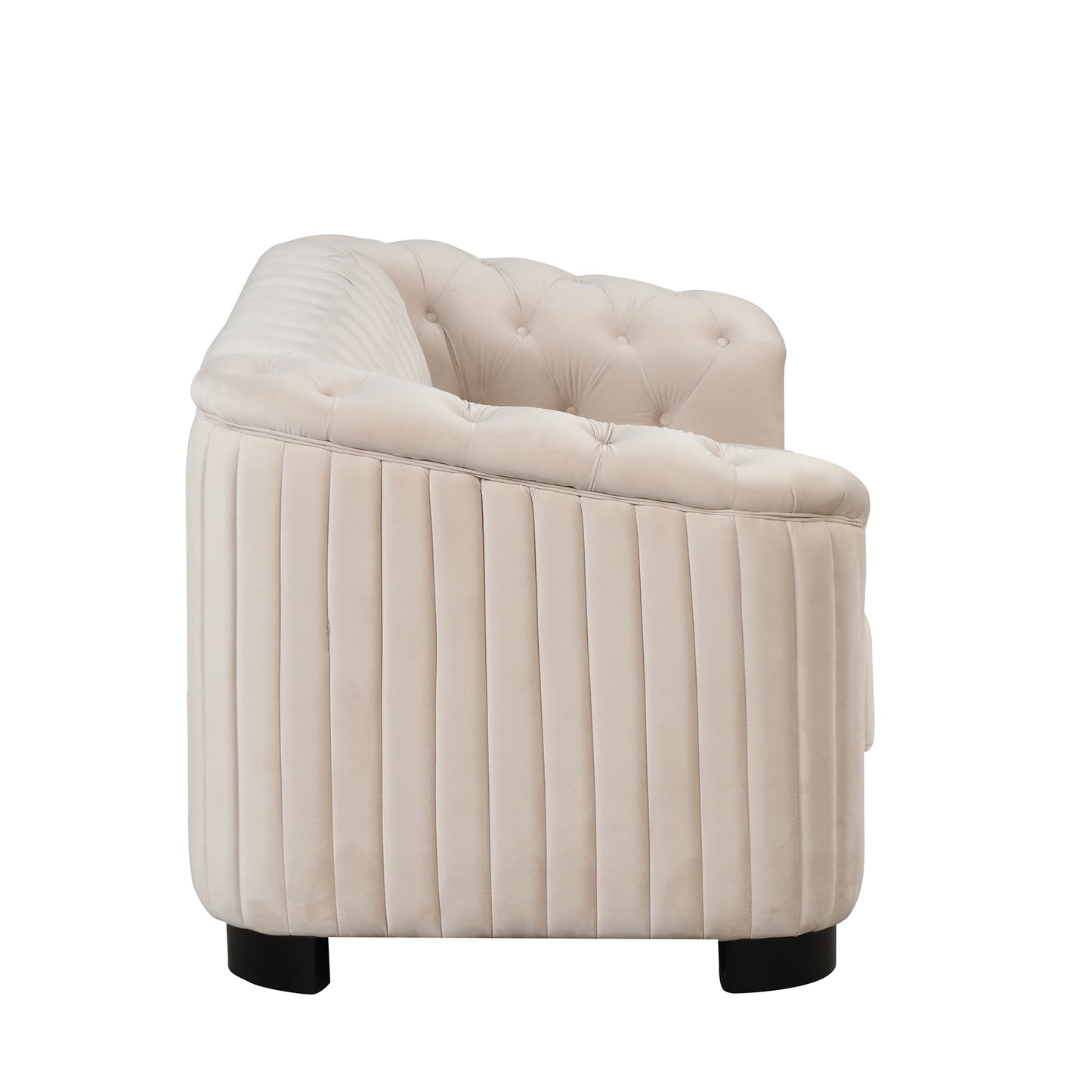 3-Piece Beige Premium Velvet Upholstered Sofa Set with Dark Wood Legs, Button Tufted, Luxury