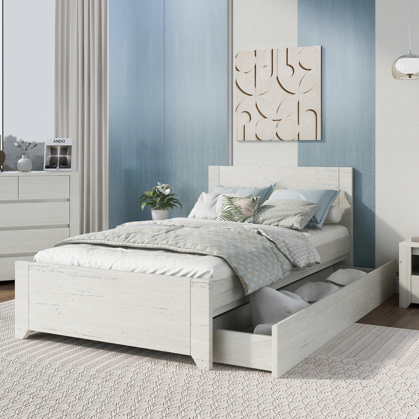 Twin Size Wood Platform Bed with Reversible Pull-out Storage Drawer Under, Gray Wood Grain