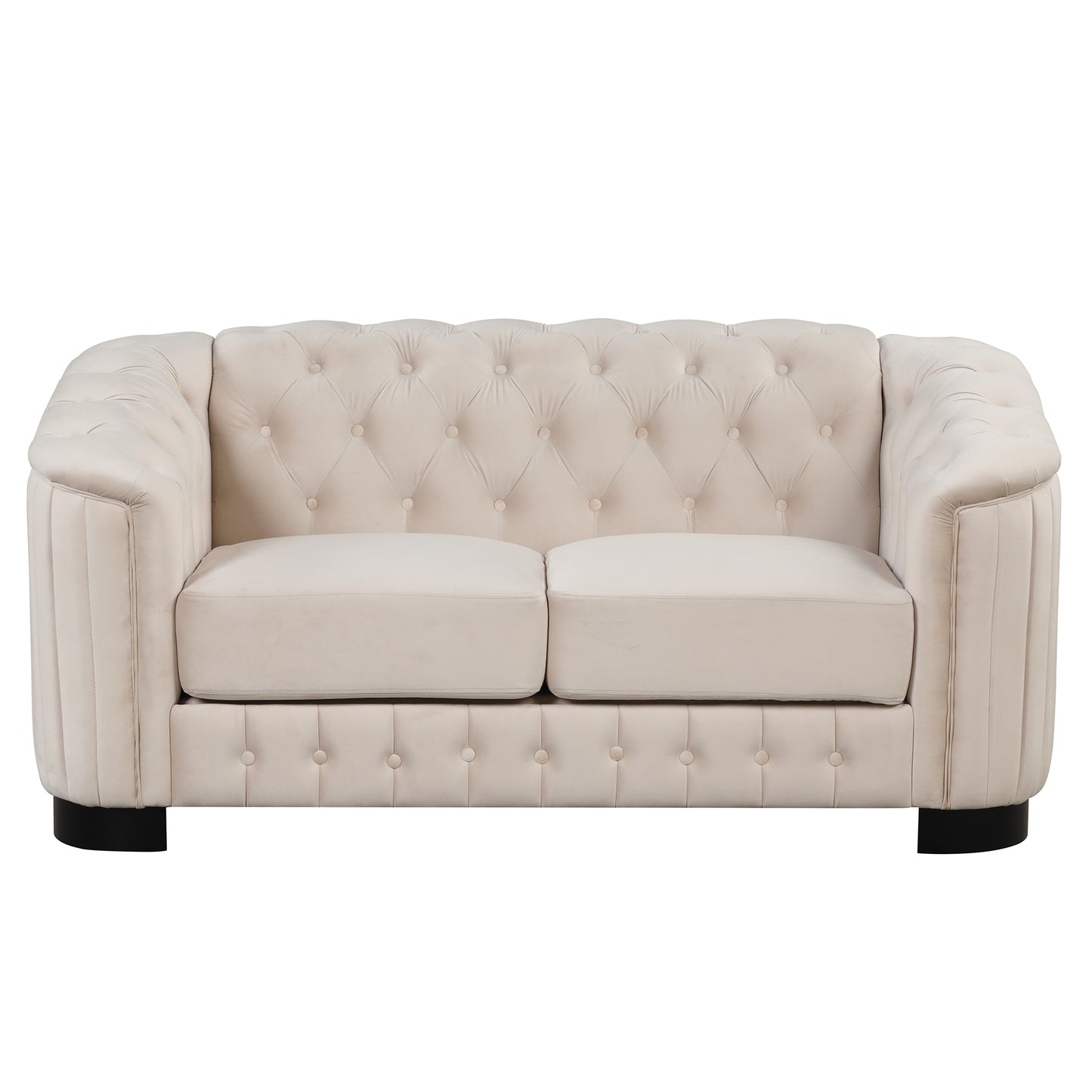 3-Piece Beige Premium Velvet Upholstered Sofa Set with Dark Wood Legs, Button Tufted, Luxury