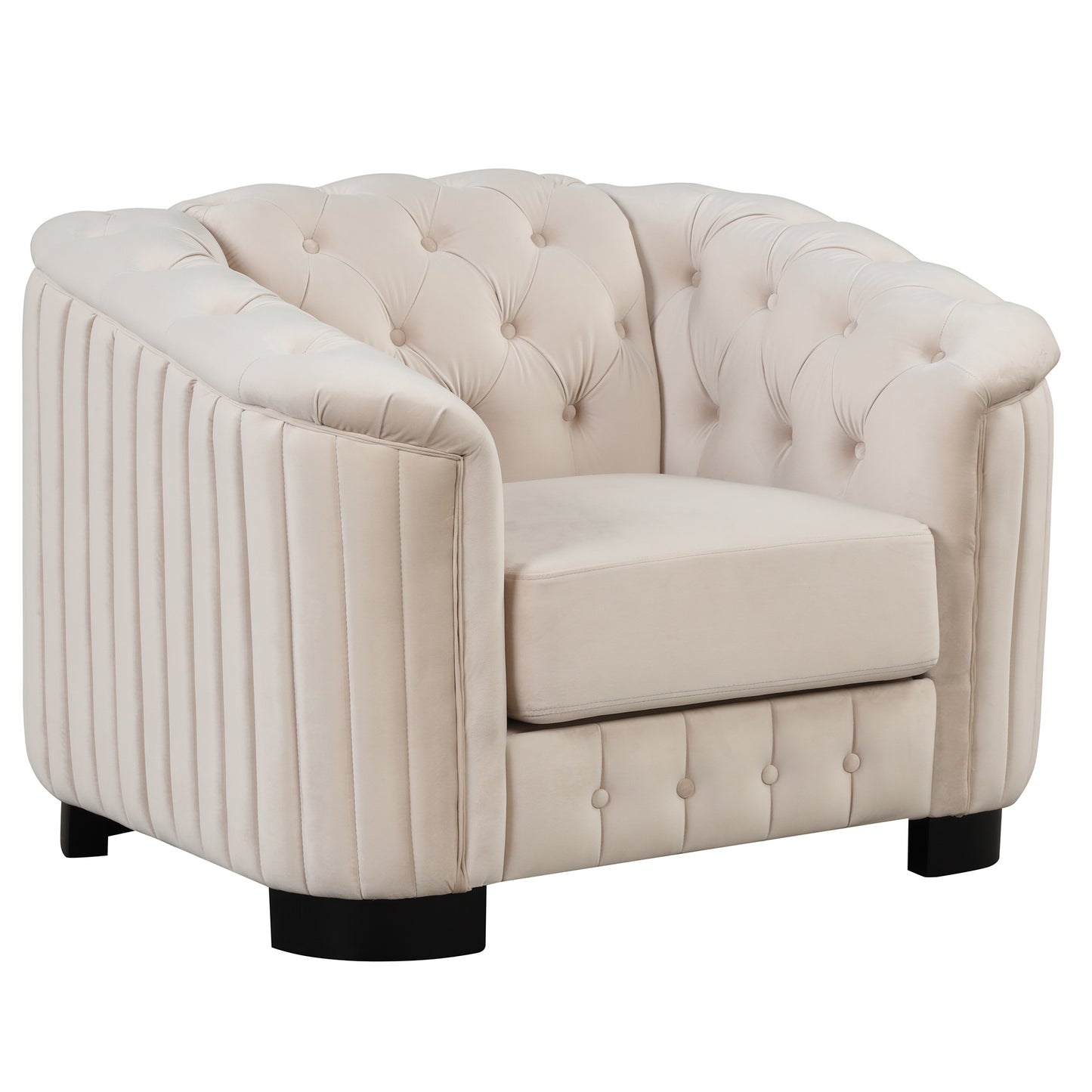 3-Piece Beige Premium Velvet Upholstered Sofa Set with Dark Wood Legs, Button Tufted, Luxury