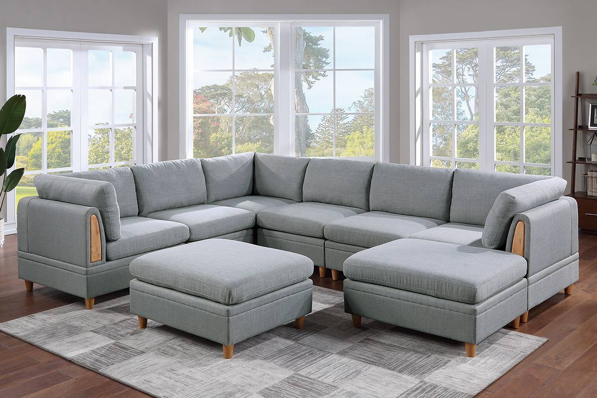8-piece Sectional Sofa Set, Light Grey Fabric Couch with Wood Legs and Ottoman