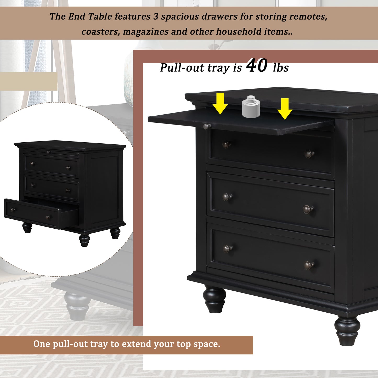 Black 3-Drawer Wood Dresser Cabinet End Table with Pull out Tray