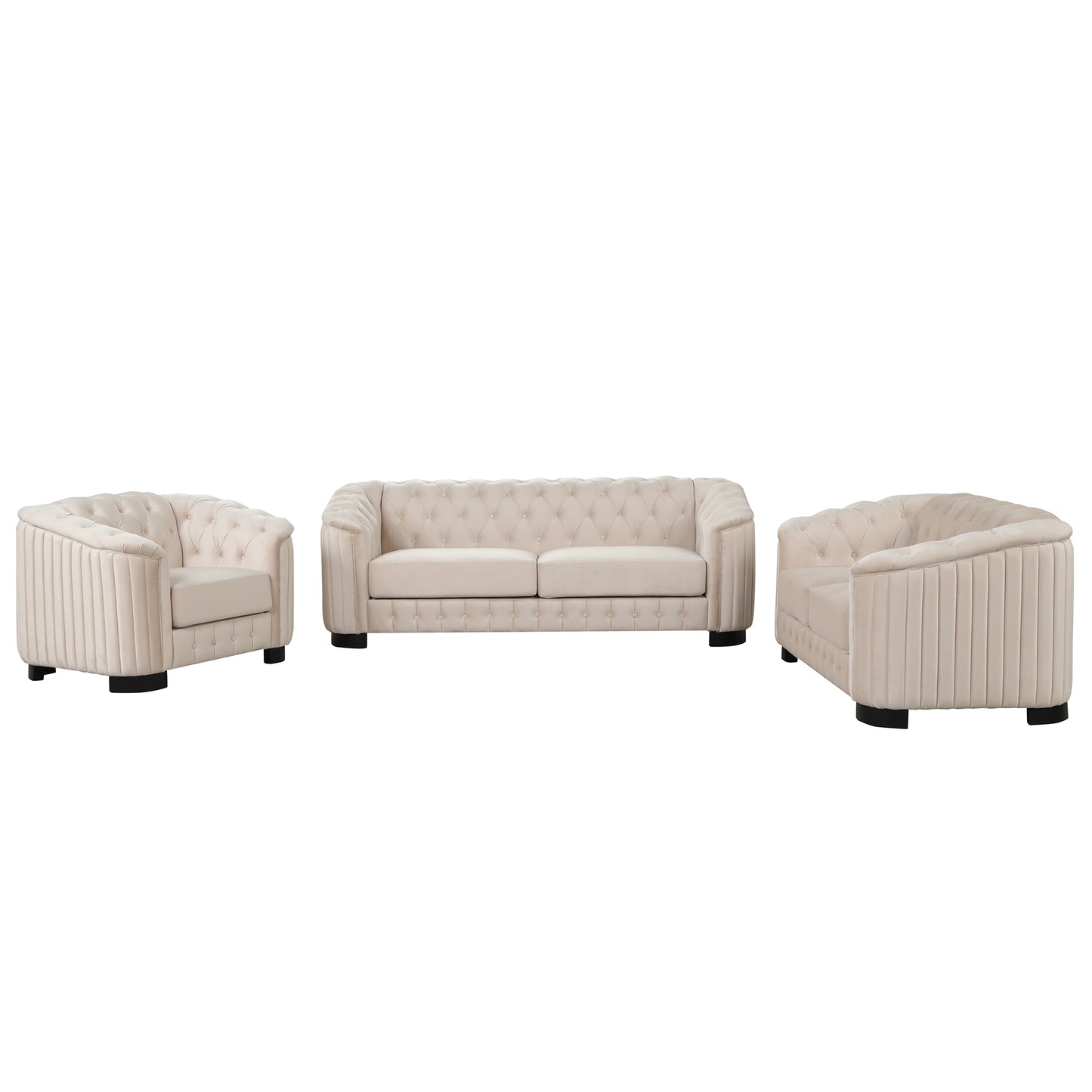3-Piece Beige Premium Velvet Upholstered Sofa Set with Dark Wood Legs, Button Tufted, Luxury