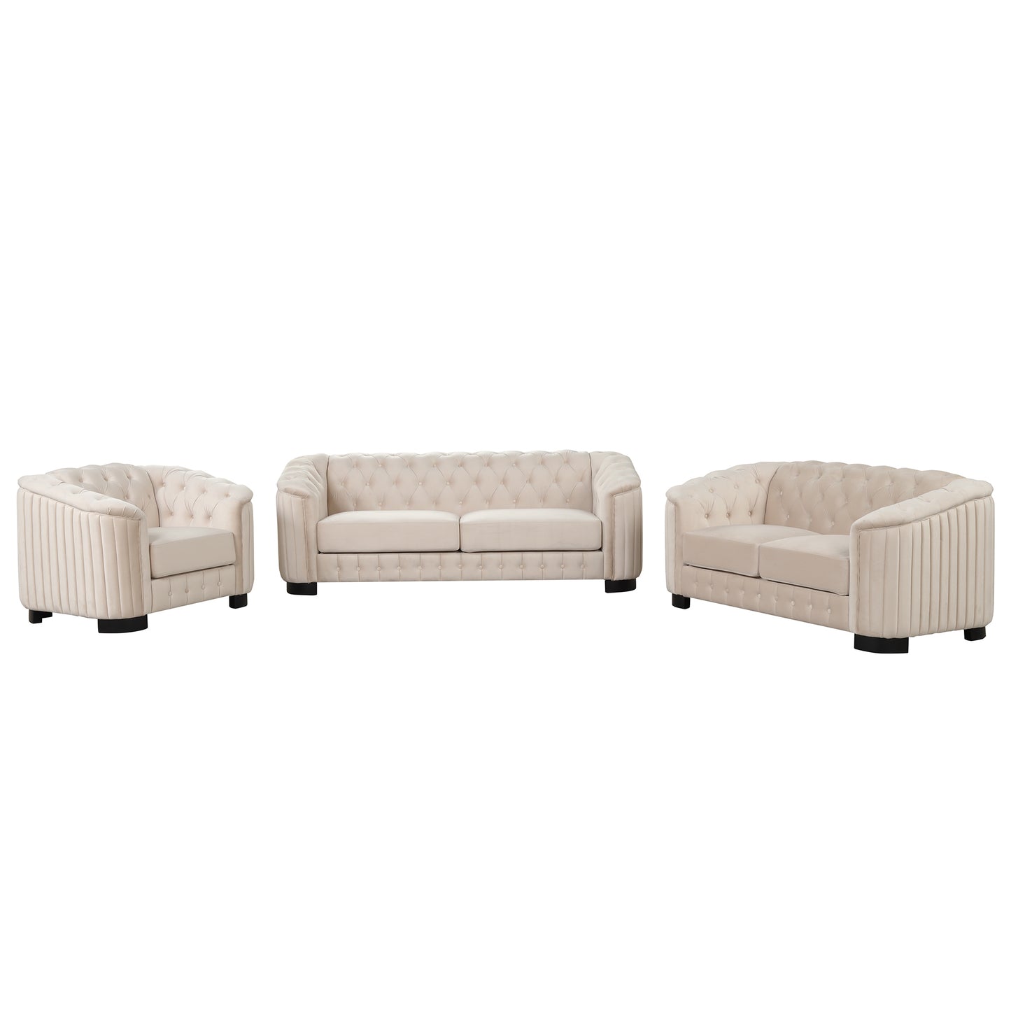 3-Piece Beige Premium Velvet Upholstered Sofa Set with Dark Wood Legs, Button Tufted, Luxury