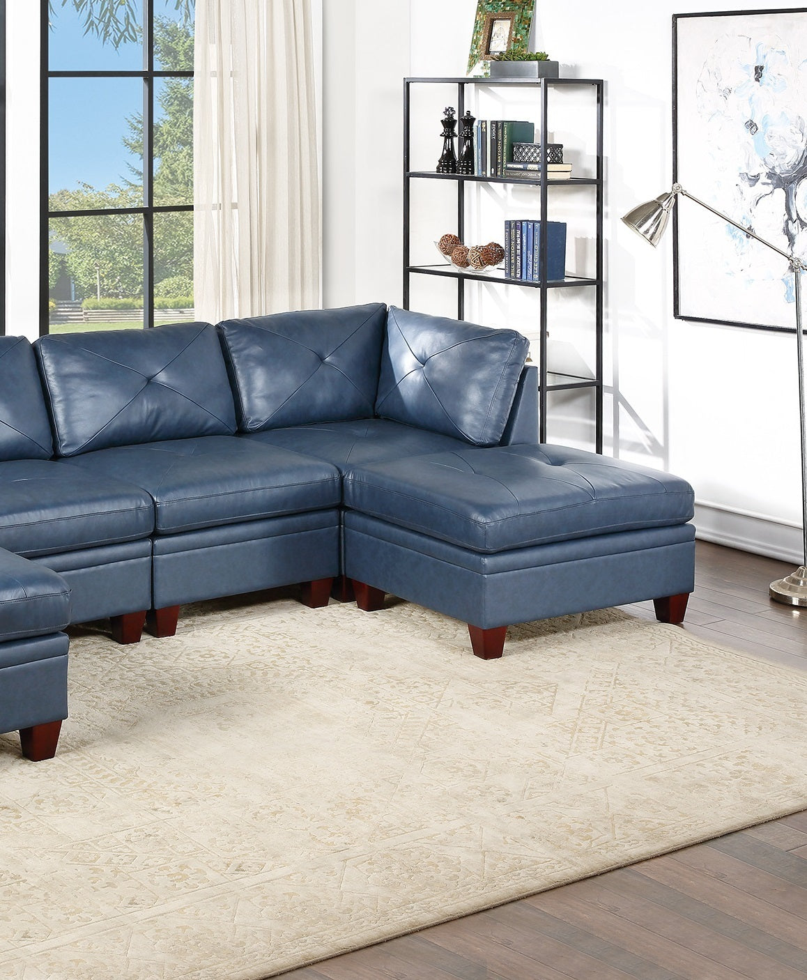 6-piece Genuine Leather Ink-Blue Single Button Tufted Sectional Sofa Set with 2 Ottomans