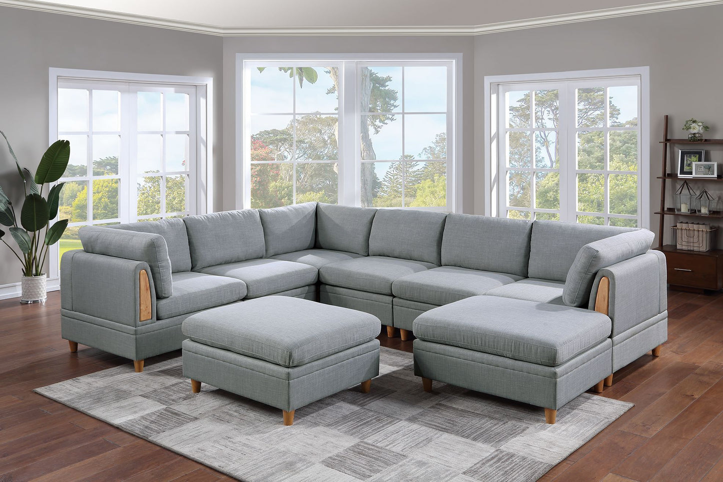 8-piece Sectional Sofa Set, Light Grey Fabric Couch with Wood Legs and Ottoman