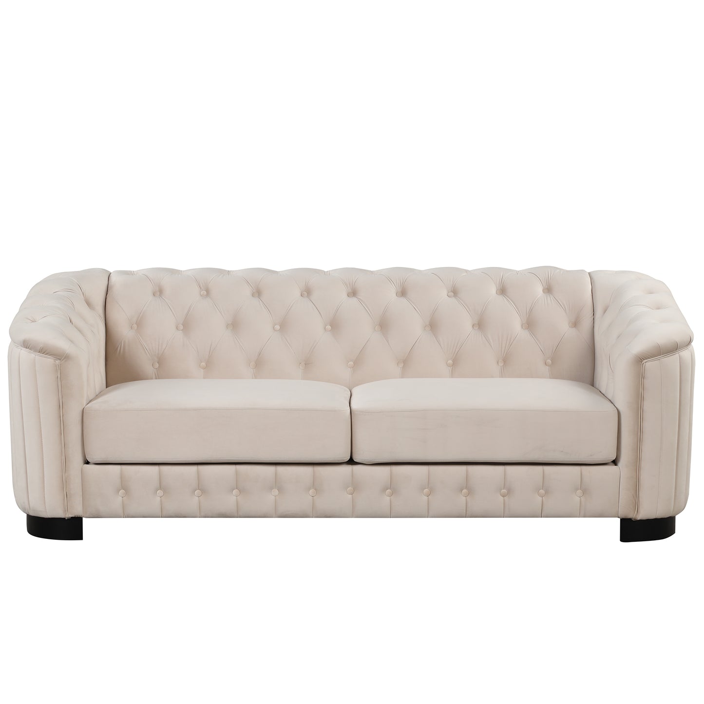 3-Piece Beige Premium Velvet Upholstered Sofa Set with Dark Wood Legs, Button Tufted, Luxury