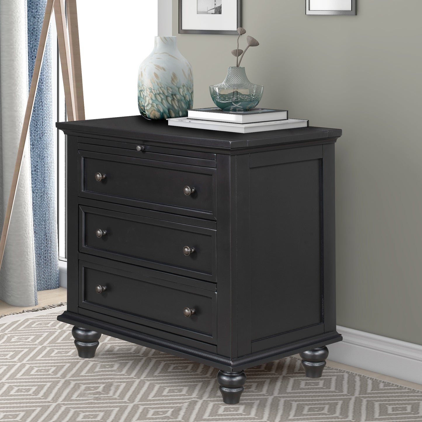 Black 3-Drawer Wood Dresser Cabinet End Table with Pull out Tray