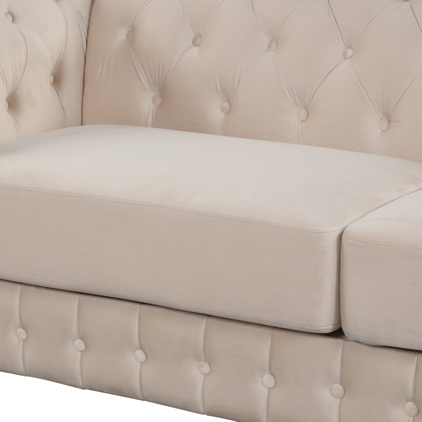 3-Piece Beige Premium Velvet Upholstered Sofa Set with Dark Wood Legs, Button Tufted, Luxury