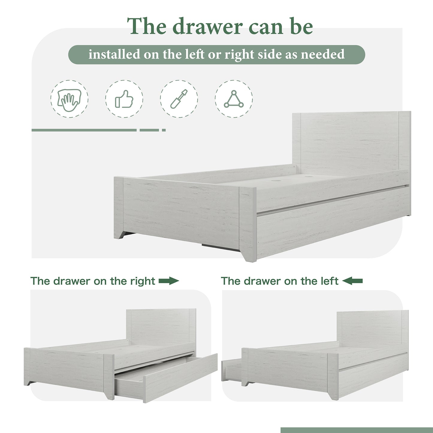 Twin Size Wood Platform Bed with Reversible Pull-out Storage Drawer Under, Gray Wood Grain