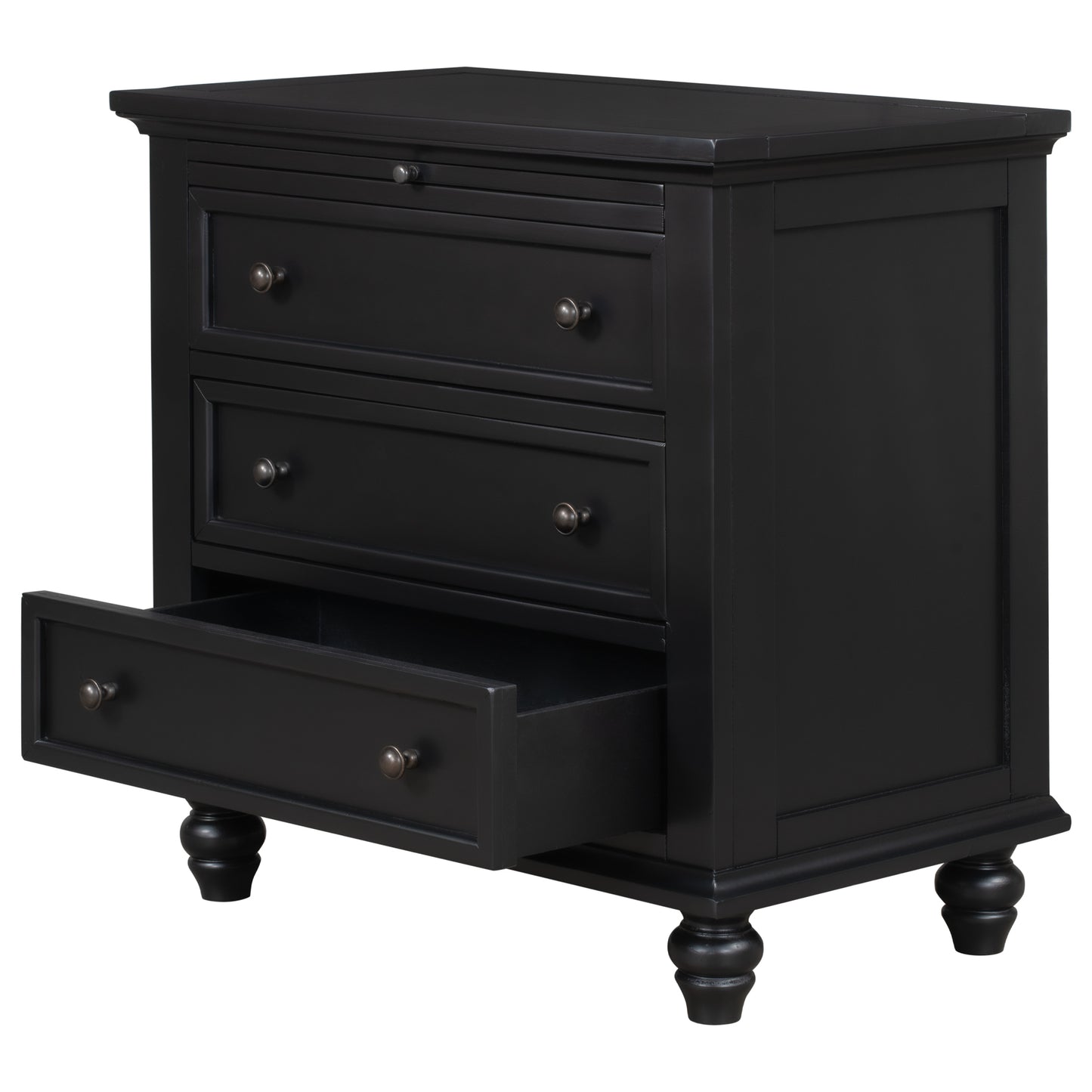 Black 3-Drawer Wood Dresser Cabinet End Table with Pull out Tray