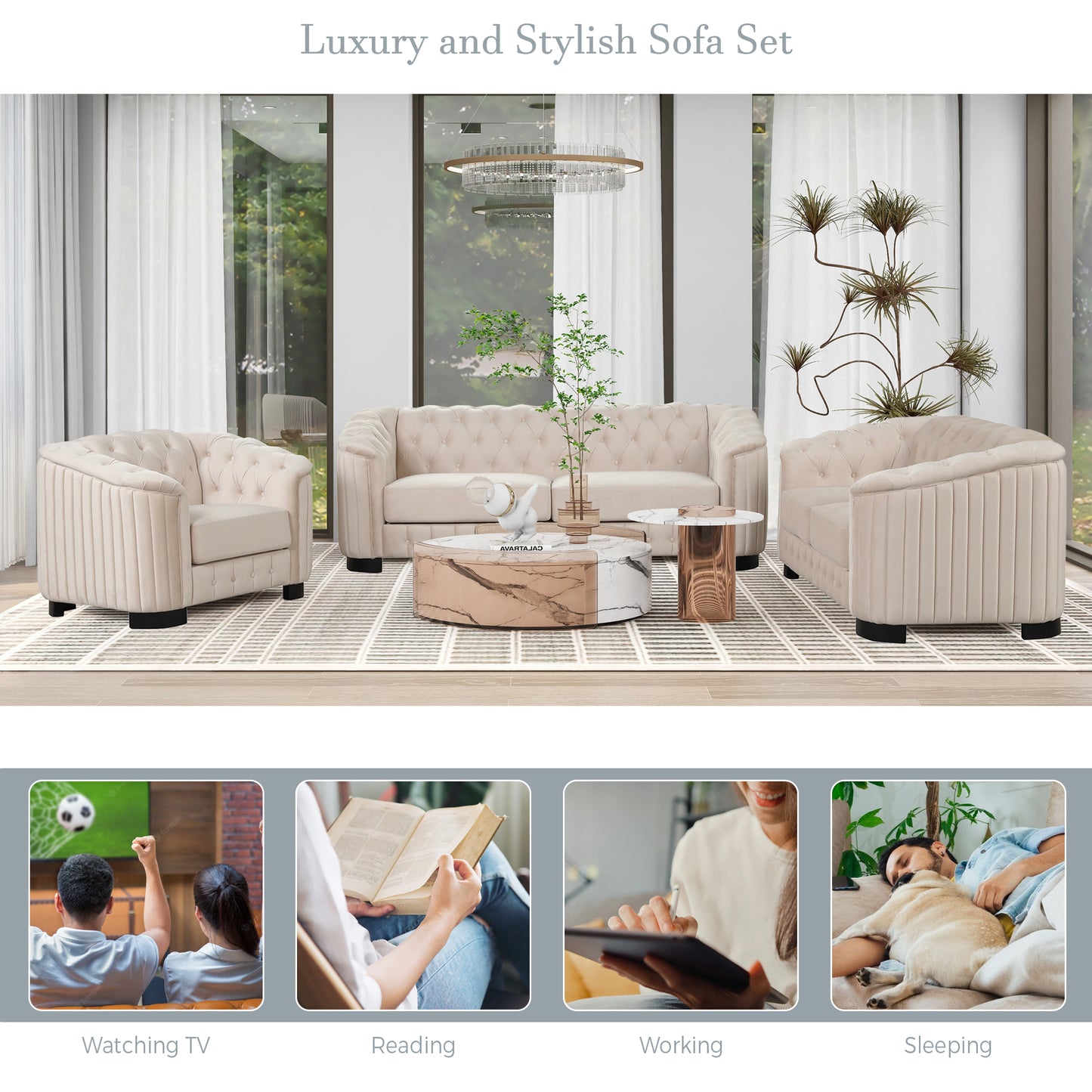 3-Piece Beige Premium Velvet Upholstered Sofa Set with Dark Wood Legs, Button Tufted, Luxury
