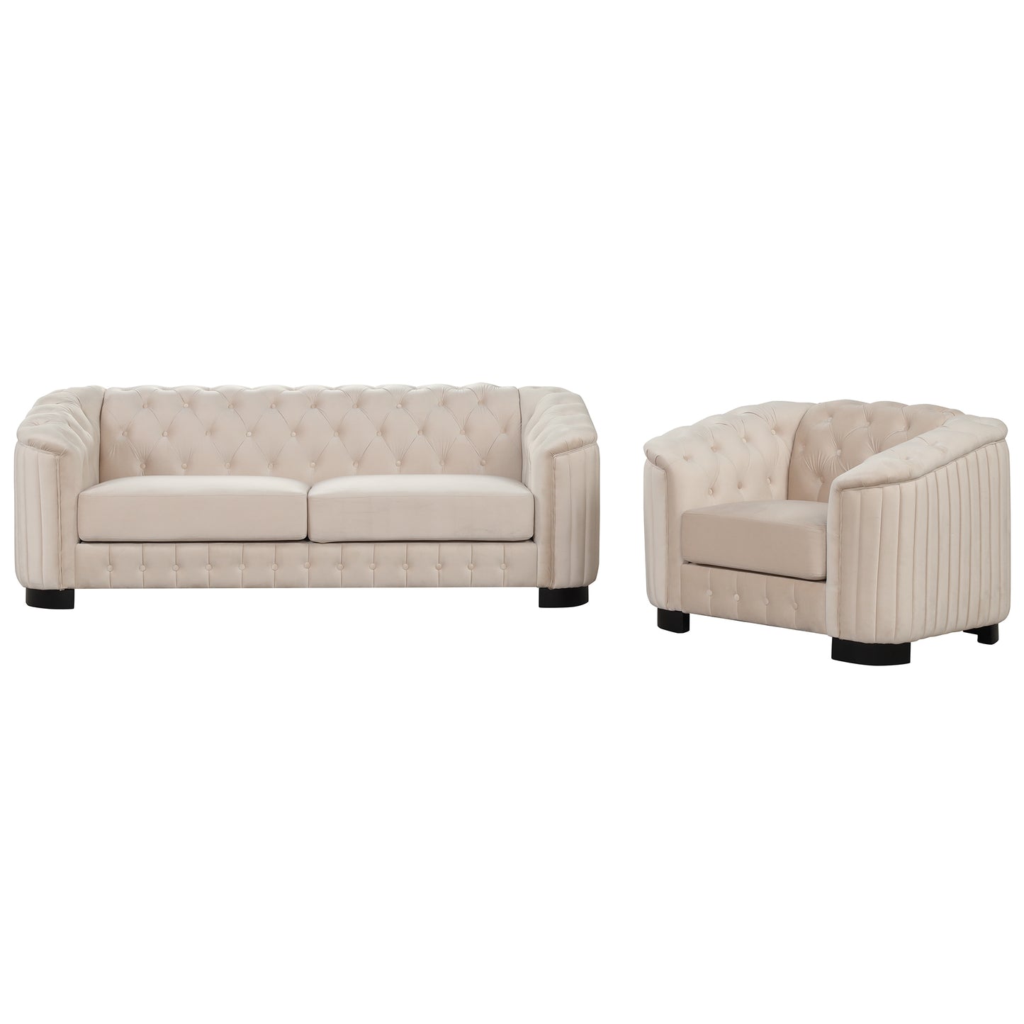 3-Piece Beige Premium Velvet Upholstered Sofa Set with Dark Wood Legs, Button Tufted, Luxury