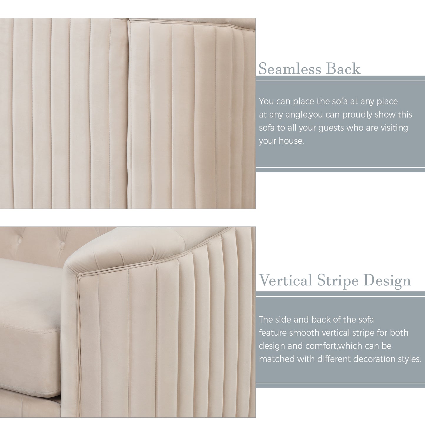 3-Piece Beige Premium Velvet Upholstered Sofa Set with Dark Wood Legs, Button Tufted, Luxury