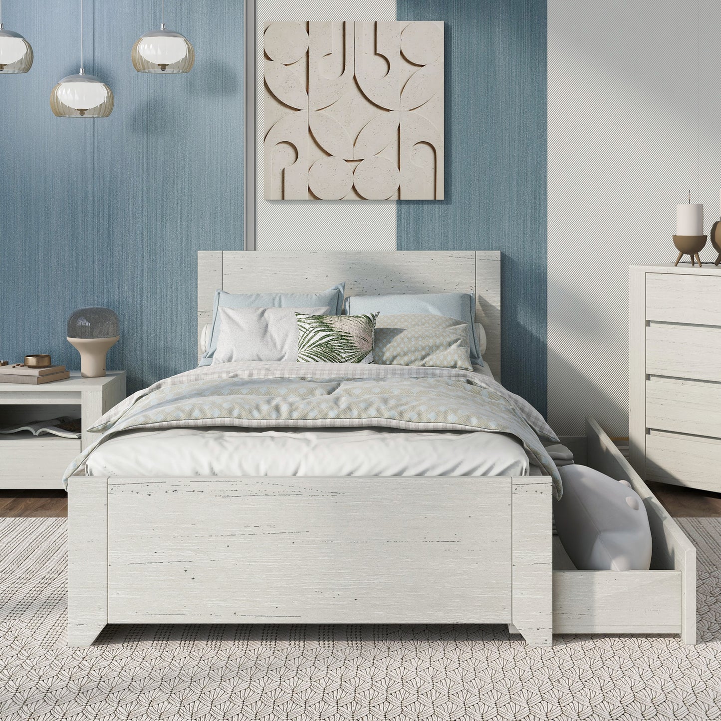 Twin Size Wood Platform Bed with Reversible Pull-out Storage Drawer Under, Gray Wood Grain