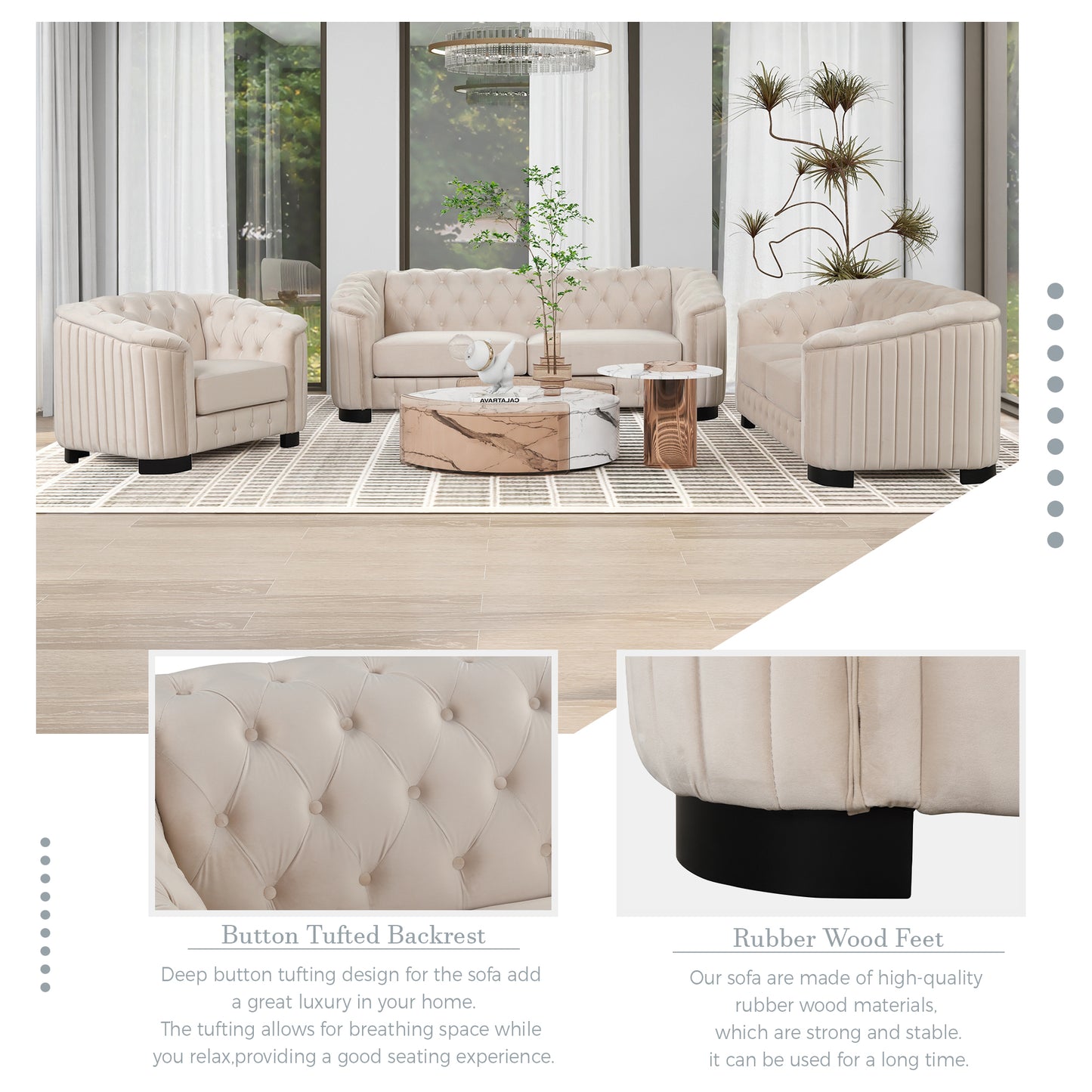 3-Piece Beige Premium Velvet Upholstered Sofa Set with Dark Wood Legs, Button Tufted, Luxury