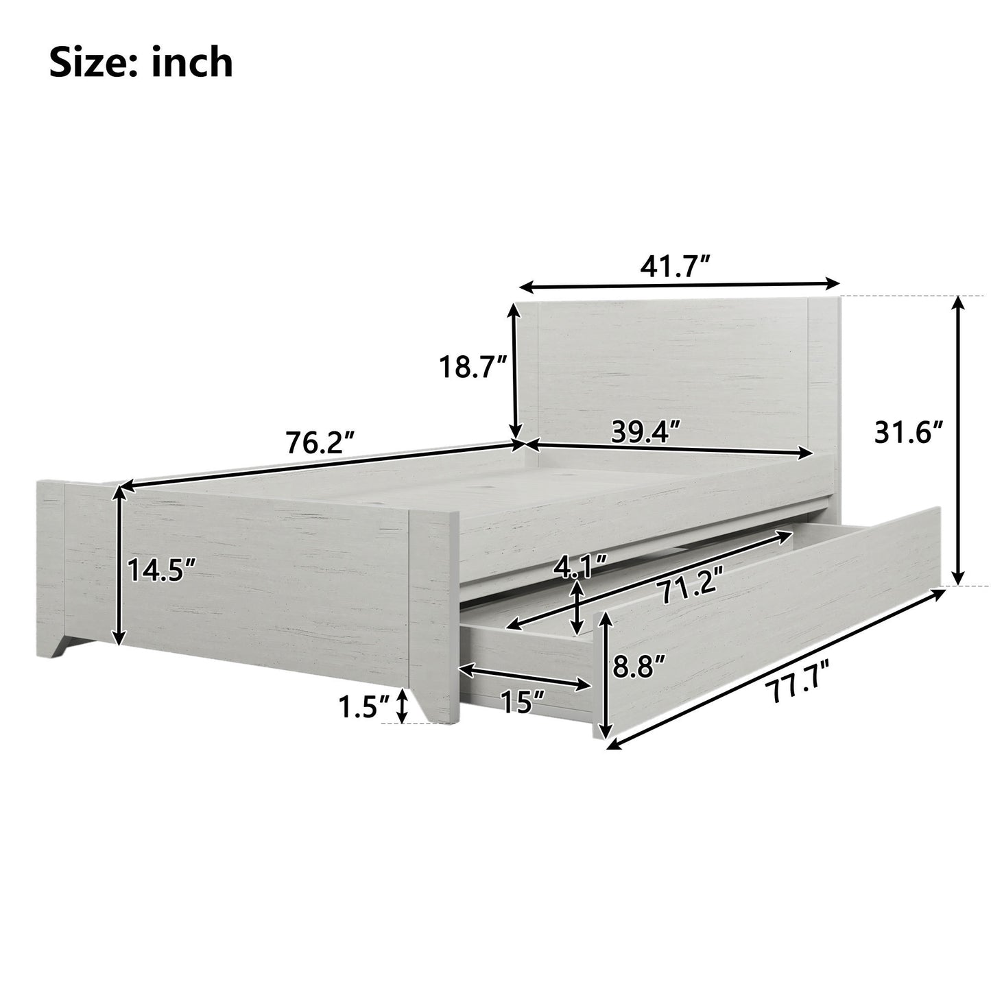 Twin Size Wood Platform Bed with Reversible Pull-out Storage Drawer Under, Gray Wood Grain
