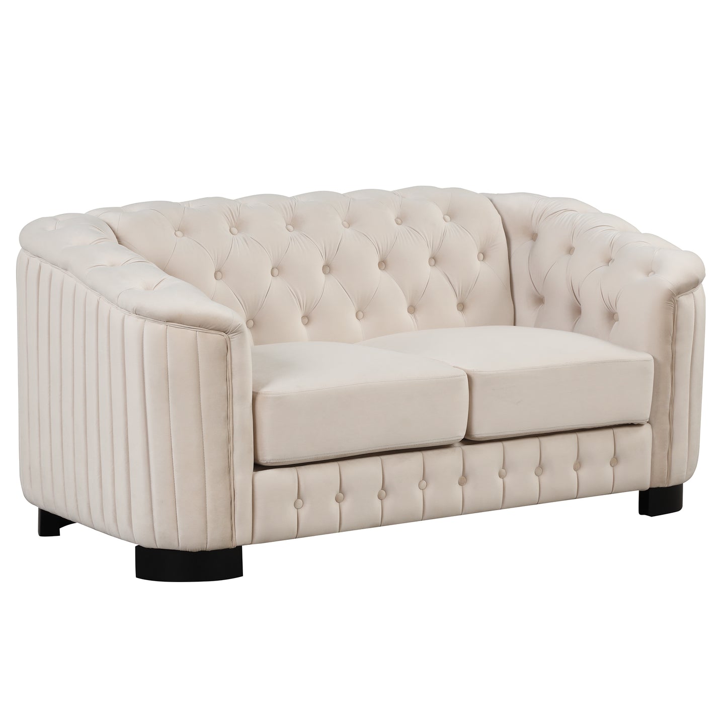 3-Piece Beige Premium Velvet Upholstered Sofa Set with Dark Wood Legs, Button Tufted, Luxury