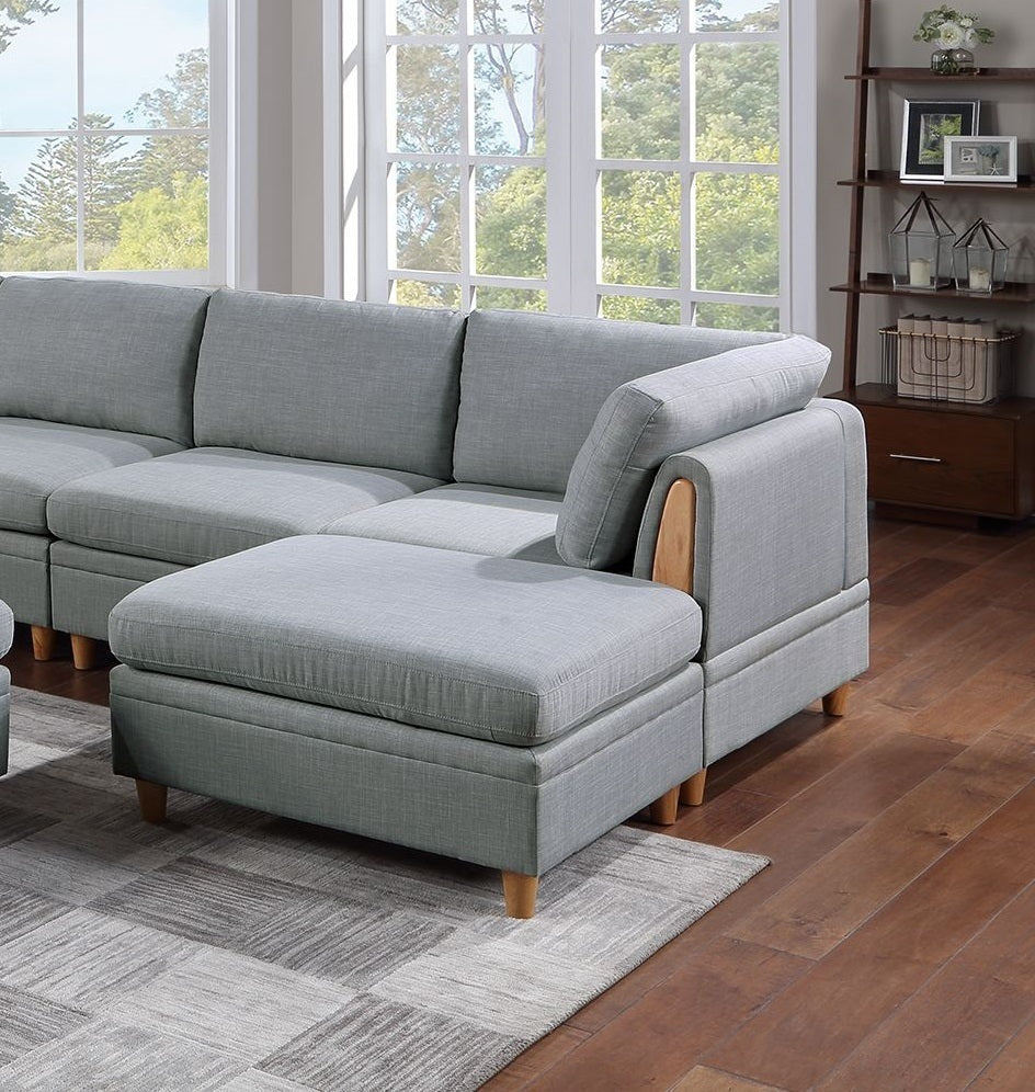8-piece Sectional Sofa Set, Light Grey Fabric Couch with Wood Legs and Ottoman