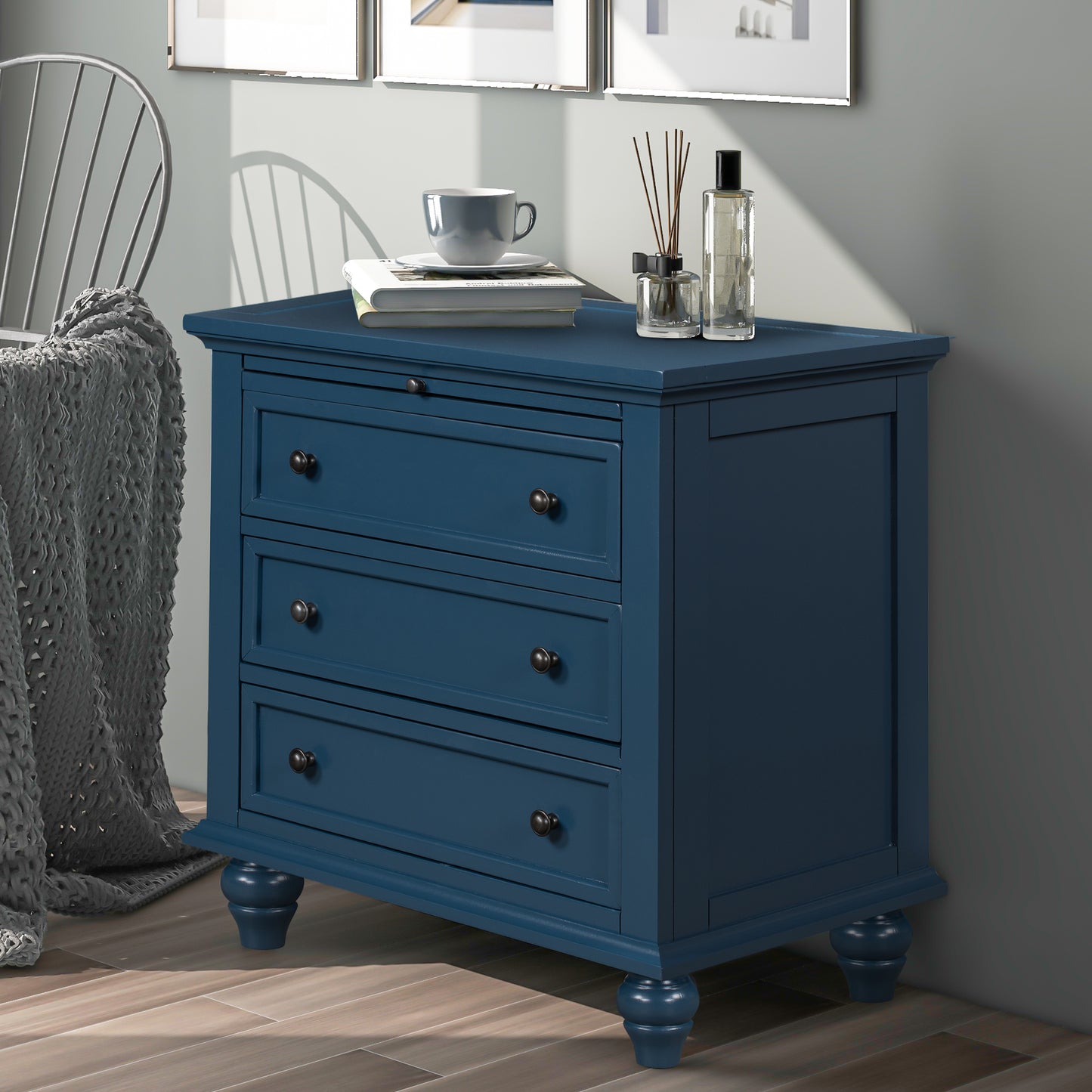 Blue 3-Drawer Storage Wood Cabinet, End Table Dresser with Pull out Tray