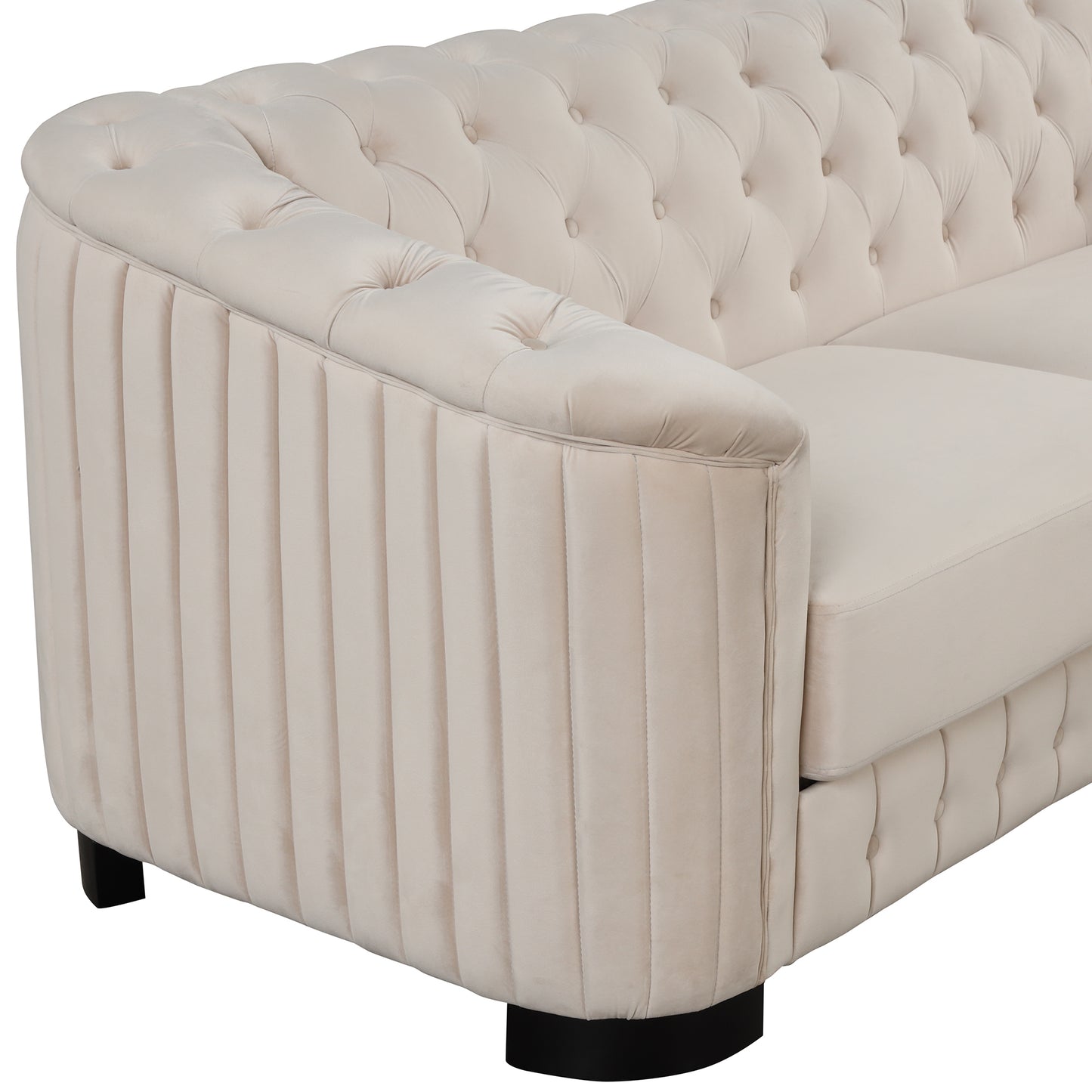 3-Piece Beige Premium Velvet Upholstered Sofa Set with Dark Wood Legs, Button Tufted, Luxury