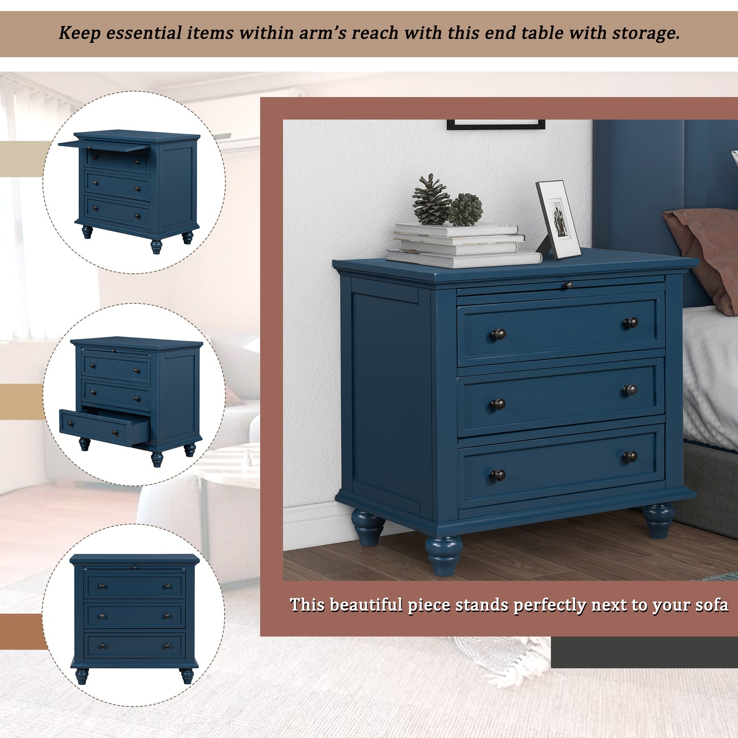 Blue 3-Drawer Storage Wood Cabinet, End Table Dresser with Pull out Tray