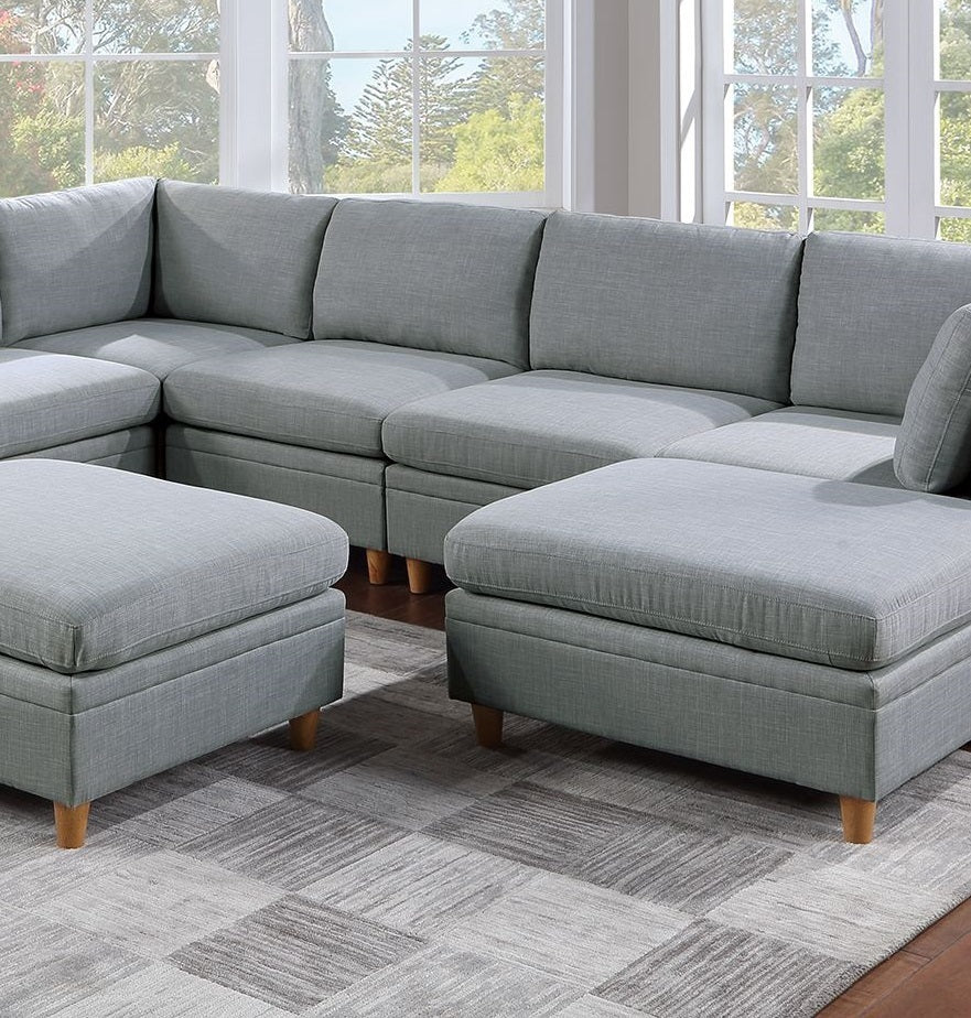 8-piece Sectional Sofa Set, Light Grey Fabric Couch with Wood Legs and Ottoman