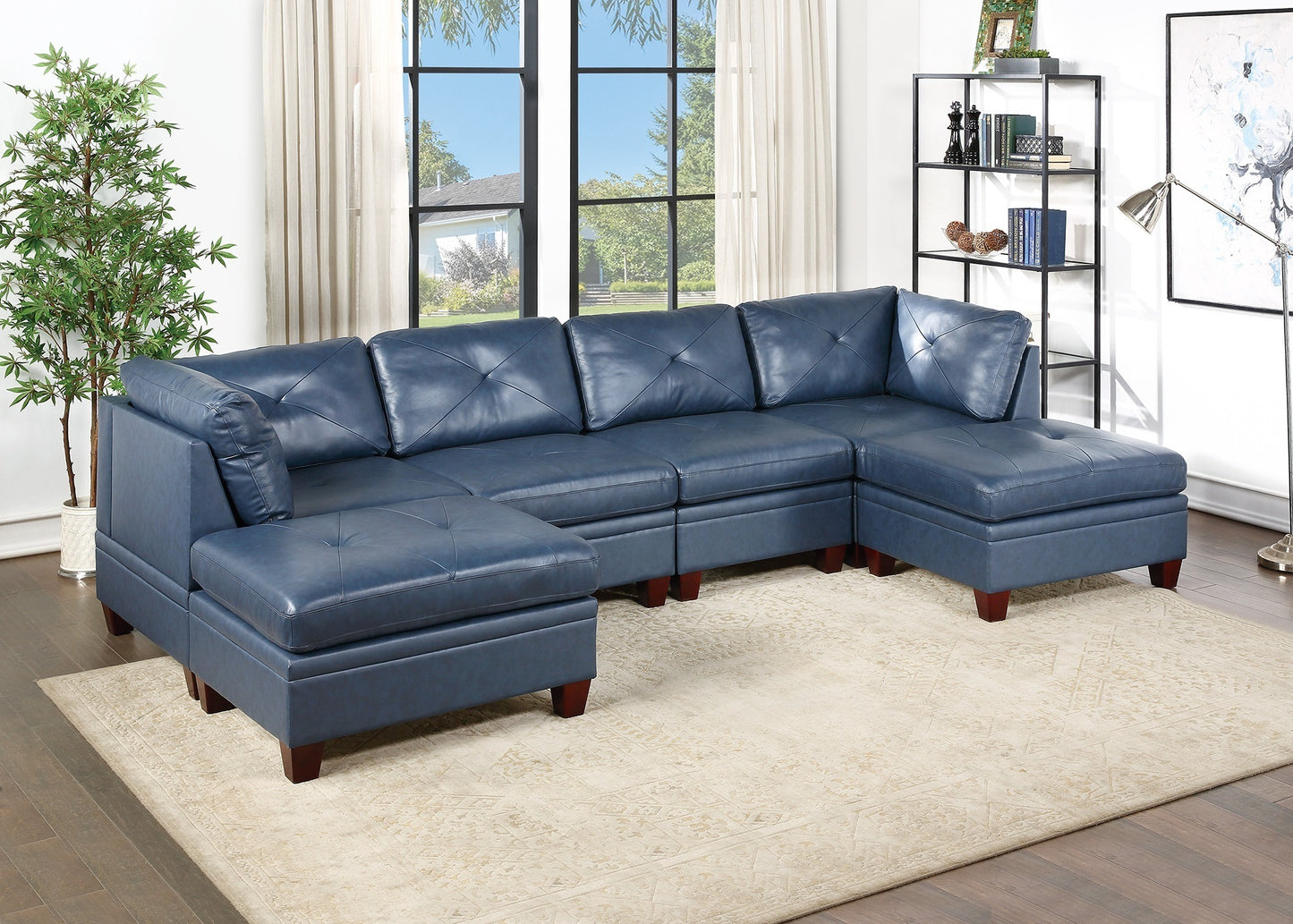 6-piece Genuine Leather Ink-Blue Single Button Tufted Sectional Sofa Set with 2 Ottomans