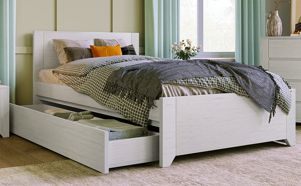 Twin Size Wood Platform Bed with Reversible Pull-out Storage Drawer Under, Gray Wood Grain