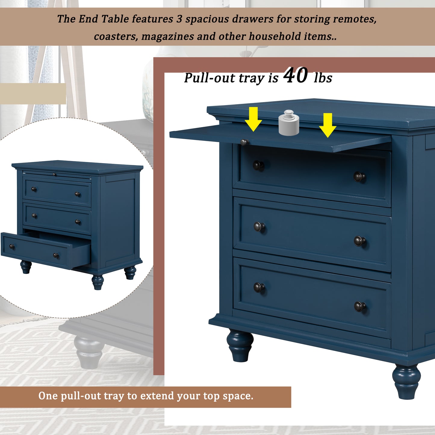 Blue 3-Drawer Storage Wood Cabinet, End Table Dresser with Pull out Tray