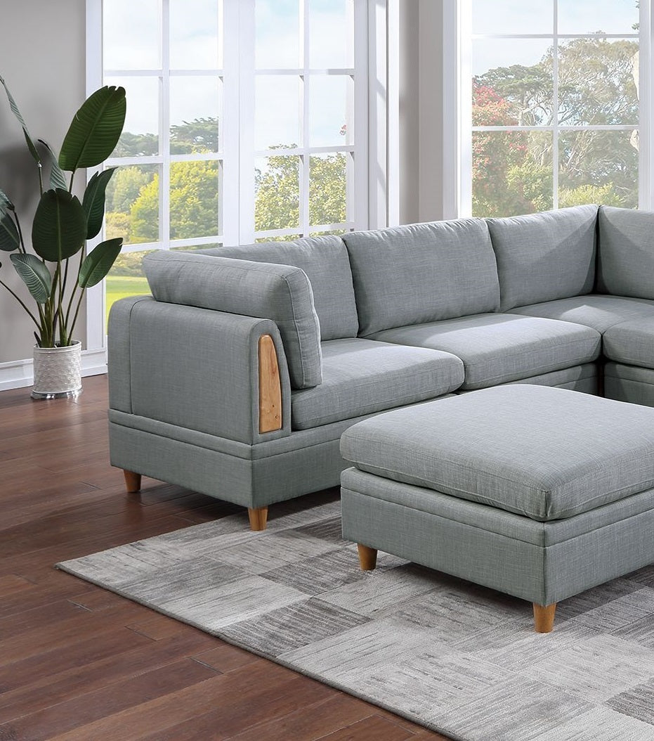 8-piece Sectional Sofa Set, Light Grey Fabric Couch with Wood Legs and Ottoman