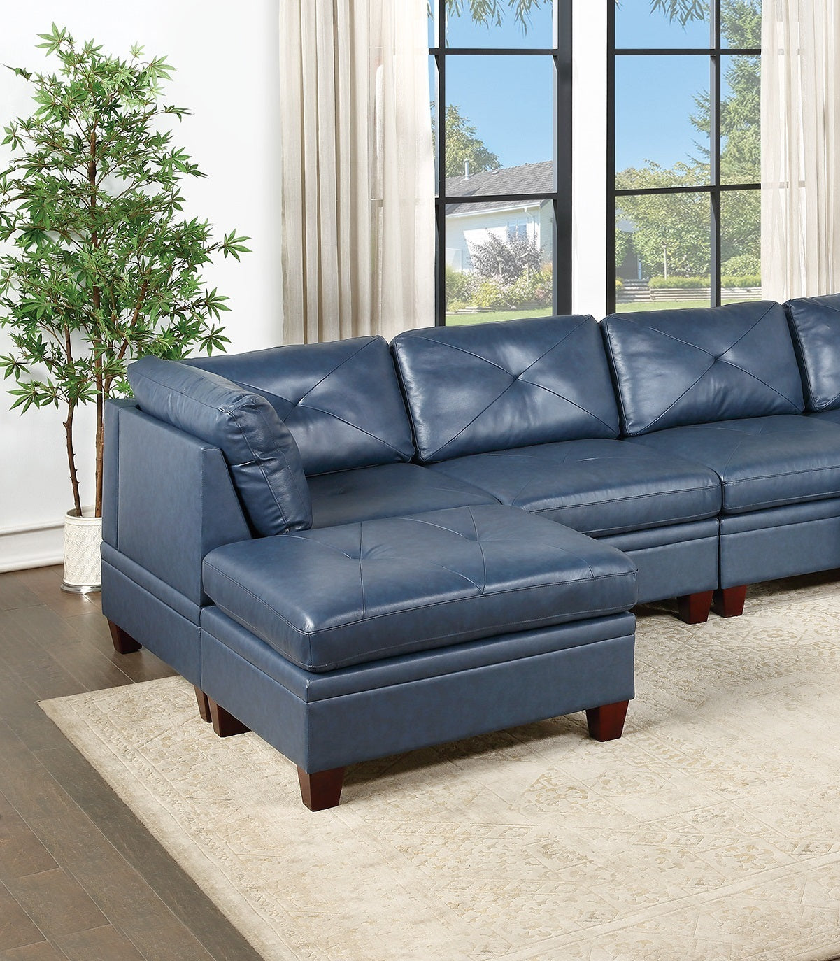 6-piece Genuine Leather Ink-Blue Single Button Tufted Sectional Sofa Set with 2 Ottomans