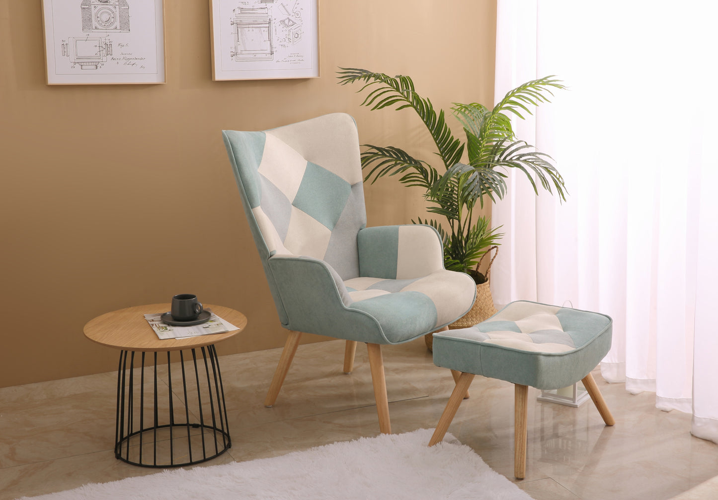 Accent Chair with Ottoman, Living Room Chair and Ottoman Set, Comfy Side Armchair for Bedroom, Creative Splicing Cloth Surface