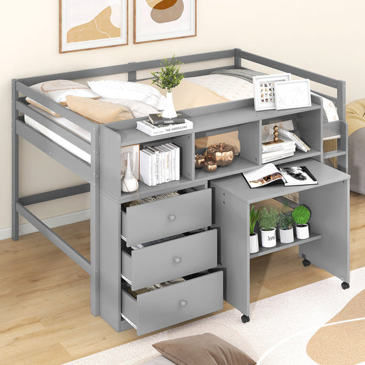 Full Size Low Loft Bed with Rolling Portable Desk, Drawers and Shelves, Gray(Old SKU: GX000711AAE)