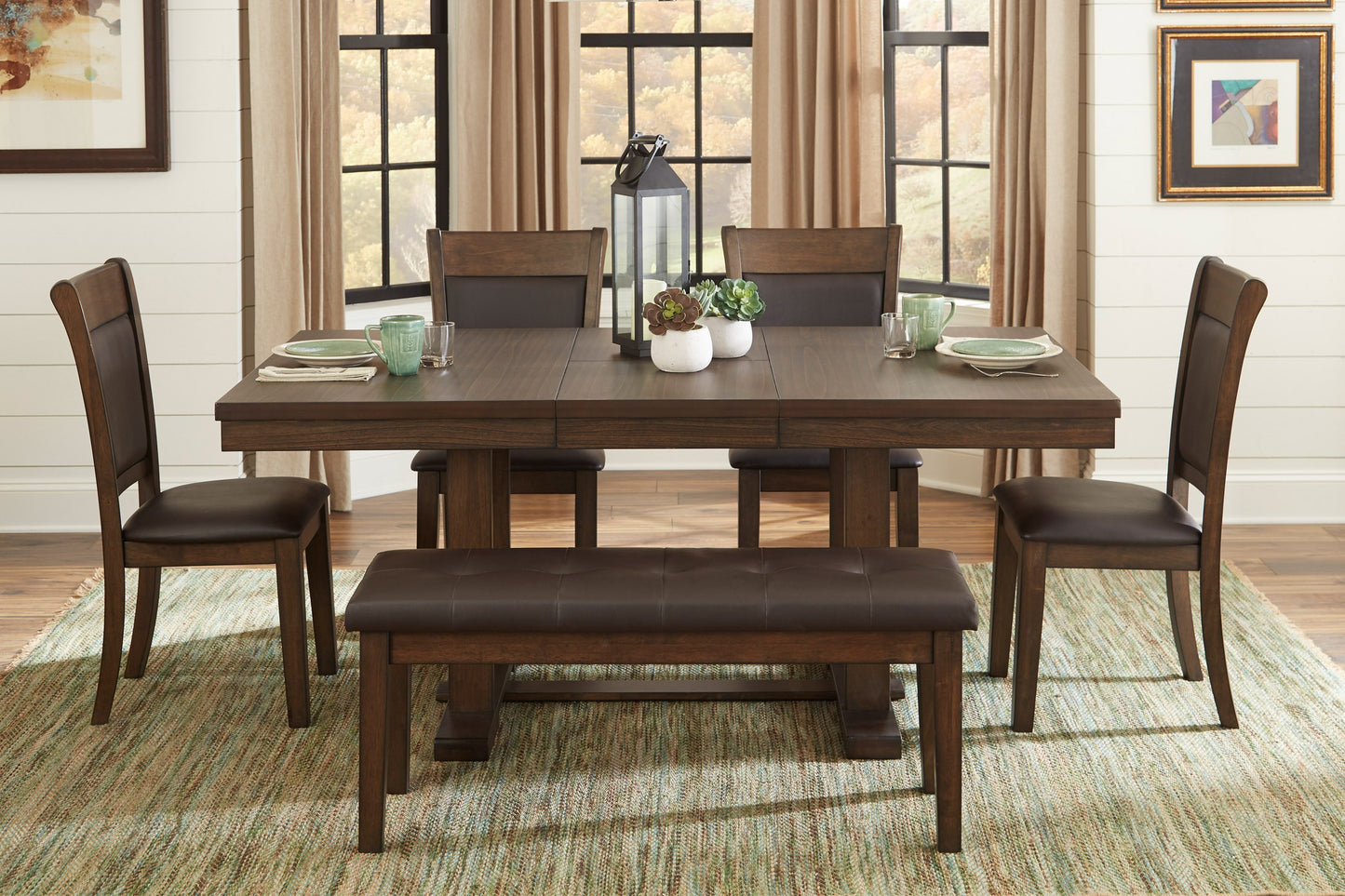 Transitional 6pc Dining Set Table with Self-Storing Leaf Bench Upholstered 4x Side Chairs Light Rustic Brown Finish Dining Room Furniture