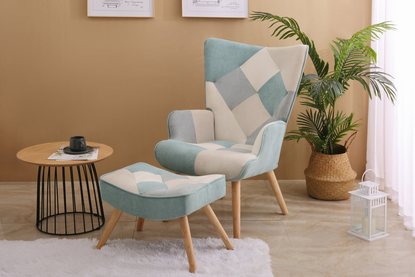 Accent Chair with Ottoman, Living Room Chair and Ottoman Set, Comfy Side Armchair for Bedroom, Creative Splicing Cloth Surface