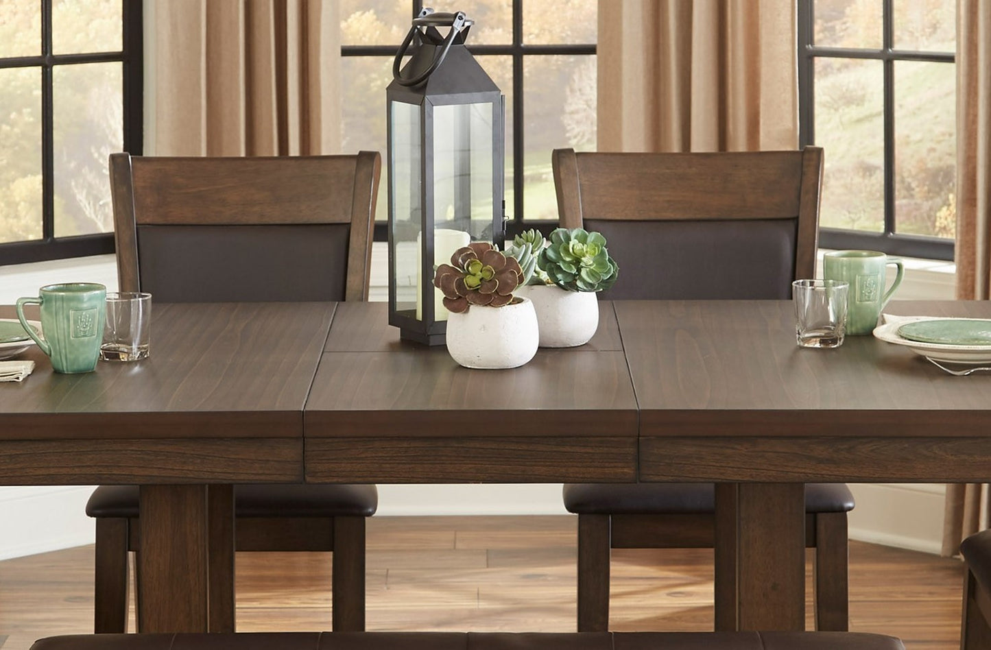 Transitional 6pc Dining Set Table with Self-Storing Leaf Bench Upholstered 4x Side Chairs Light Rustic Brown Finish Dining Room Furniture