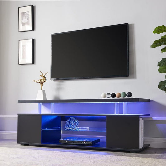 65" TV Stand LED Gaming Entertainment Center Media Storage Console Table with Large Side Cabinet for Living Room, Black