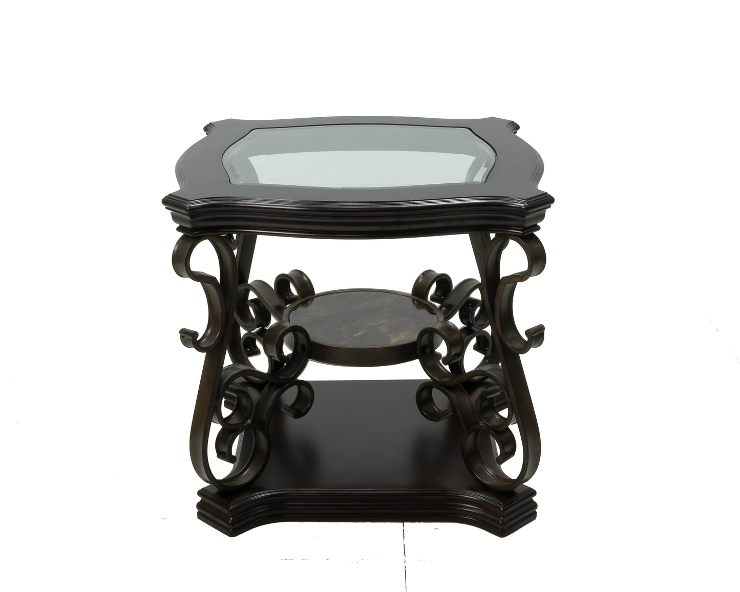 Luxury End table, Glass Top, Powder Coat Finish, Scroll Metal Legs.