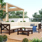 4-Piece, X-Back Sectional Patio Sofa Seating Set with Dark Brown Wood, Beige Cushions and Table