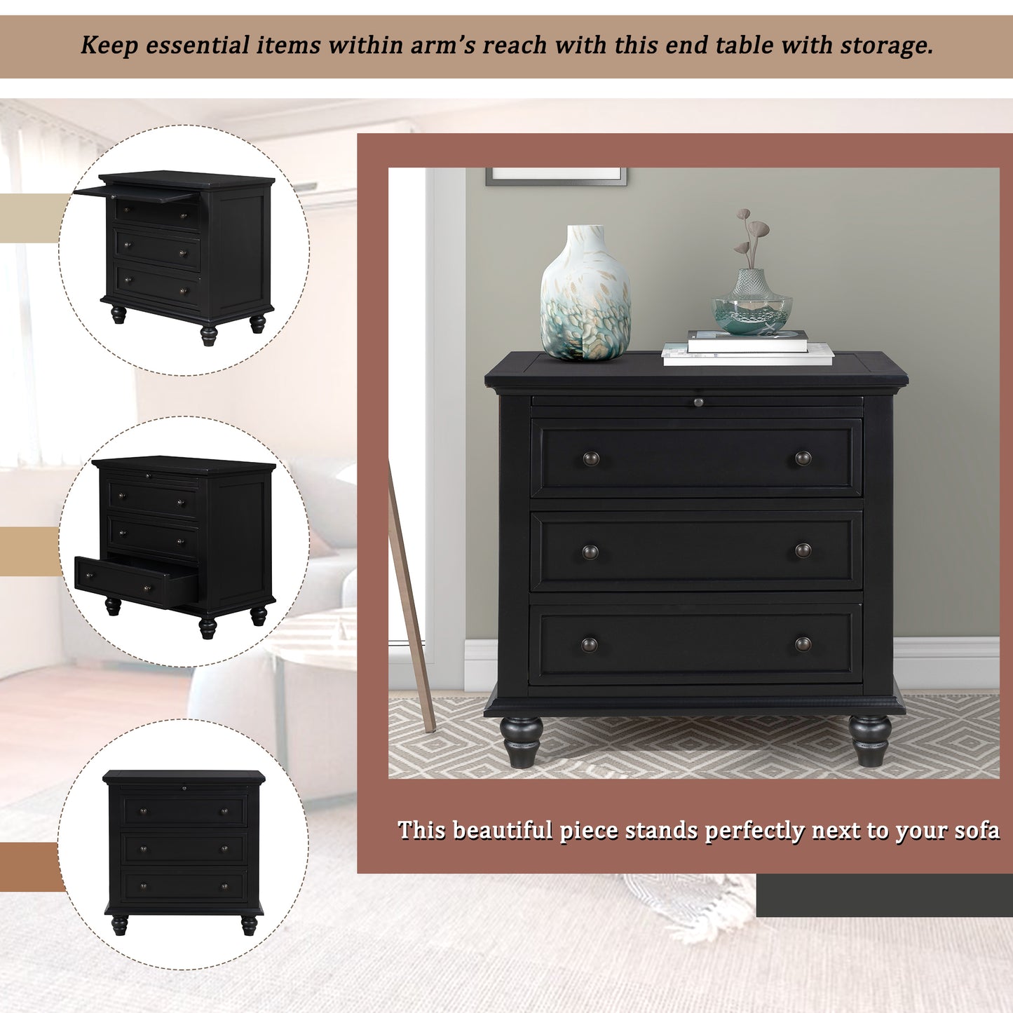Black 3-Drawer Wood Dresser Cabinet End Table with Pull out Tray