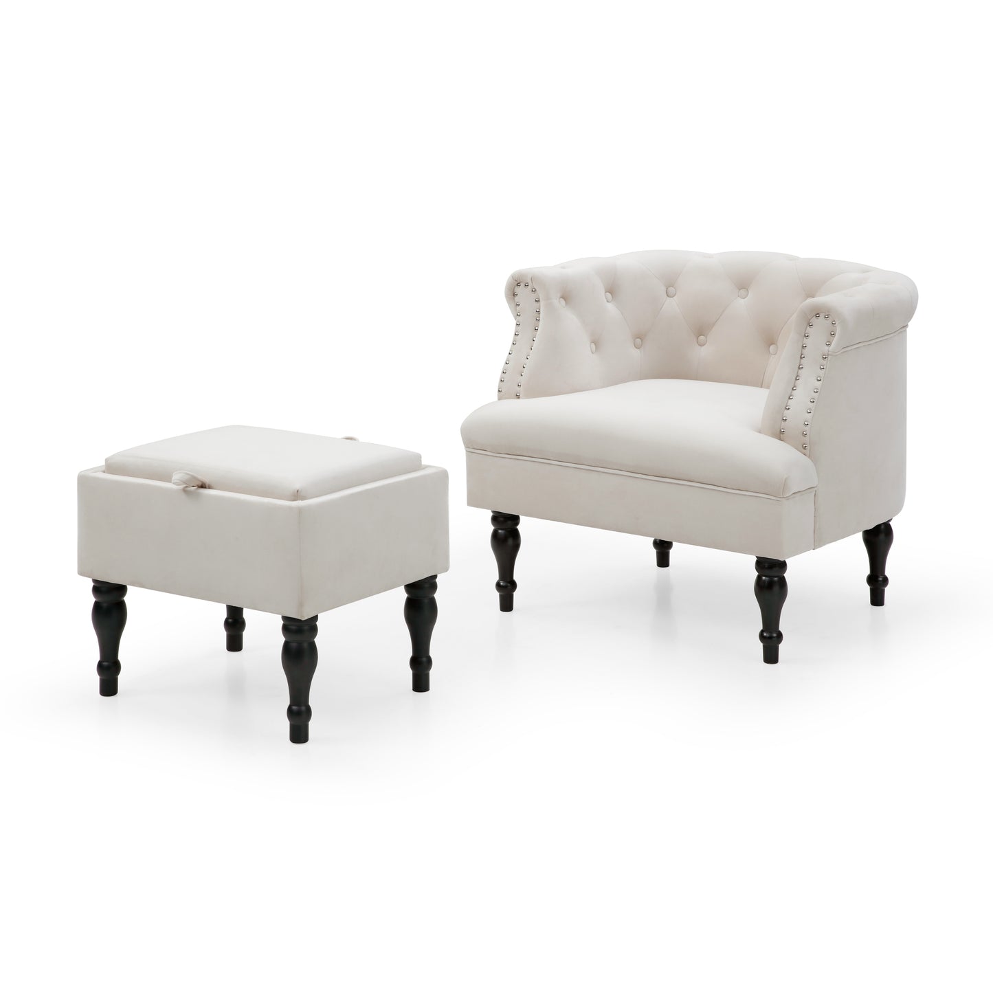 Velvet Upholstered Accent Chair Set with Ottoman, Button Tufted, Storage Ottoman with Tray, Contemporary Style