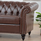 Dark Brown, Vegan Leather, Curved Arm, Chesterfield Inspired, Three Seat Sofa.